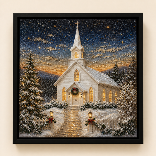 Front view of A Quiet Light, a snowy white church beneath a starry blue sky.