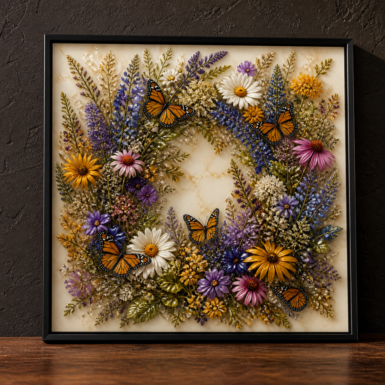 Side-lit close-up of the floral wreath and monarch butterflies.