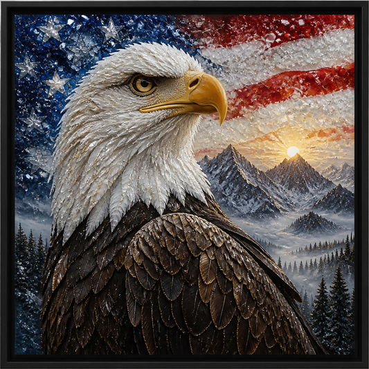Front view of Freedom at Dawn, a bald eagle before the American flag and mountain sunrise.