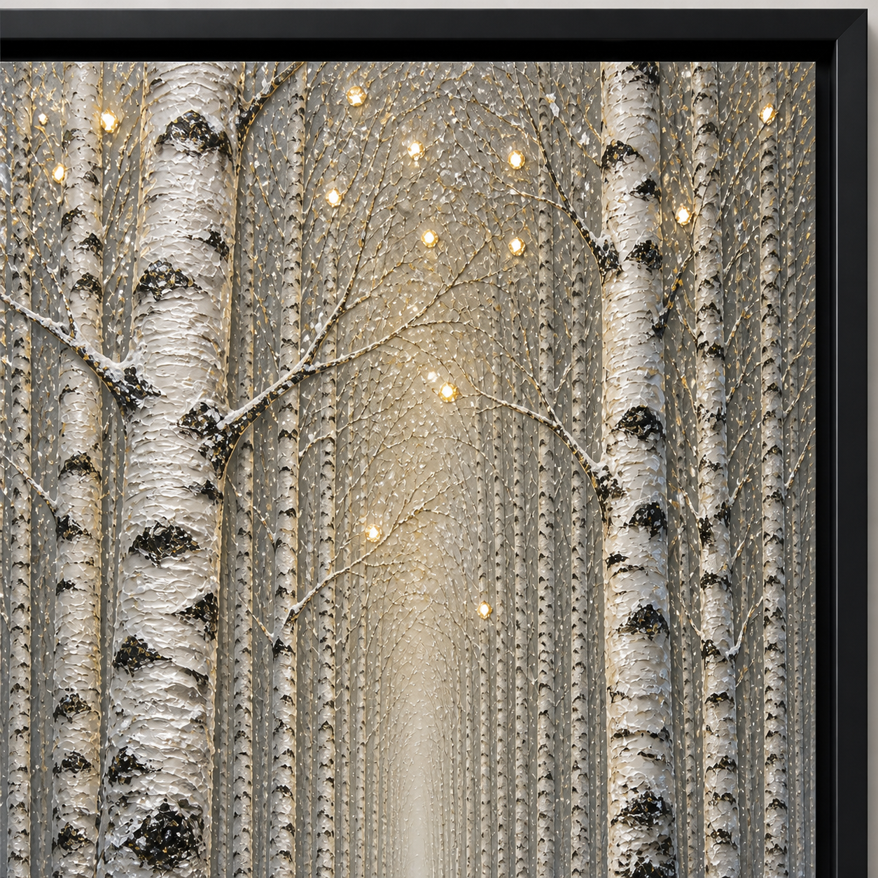 Side-lit close-up of white birch trunks and small warm lights in the forest.