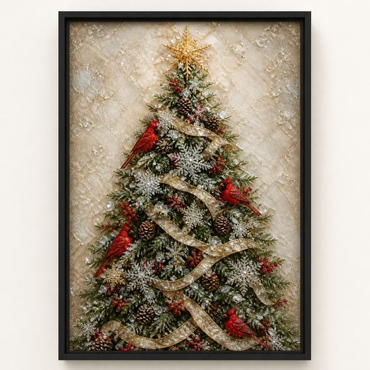 Front view of Red Wings, Winter Light, a cardinal Christmas tree artwork in a black wood frame.