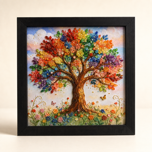 Front view of Rooted in Light, a colorful Tree of Life artwork in a black wood frame.