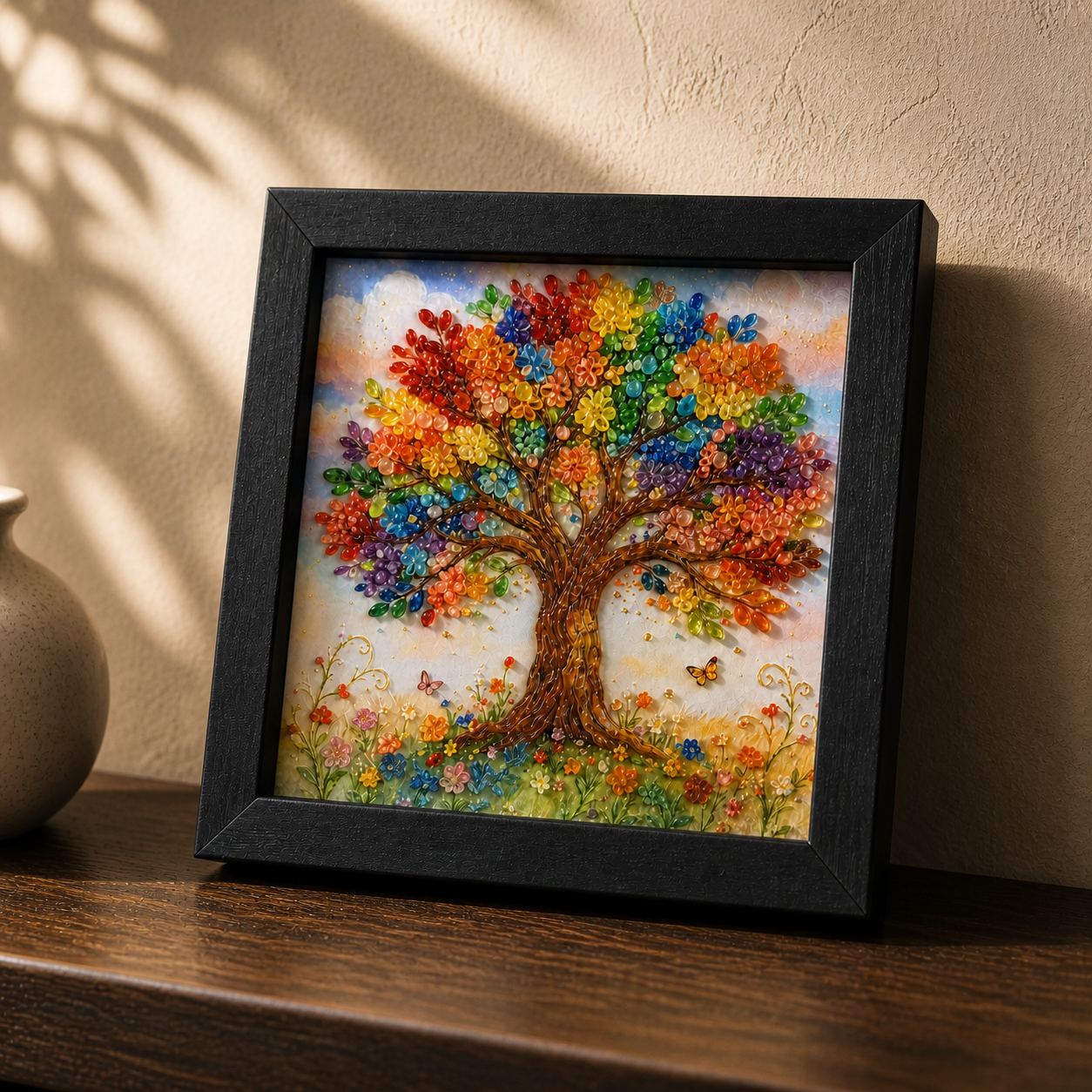 Side-lit view of Rooted in Light revealing depth and gloss across the colorful tree.
