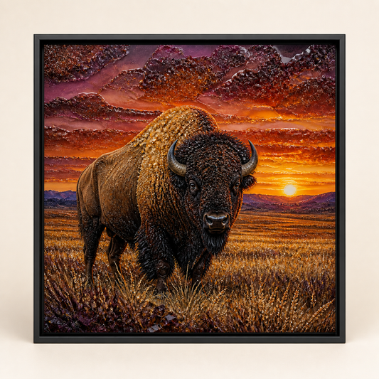 Front view of Spirit of the Open Range, a bison standing before a prairie sunset.