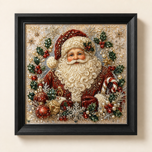 Front view of The Warmest Welcome, a Santa Claus portrait in a black wood frame.