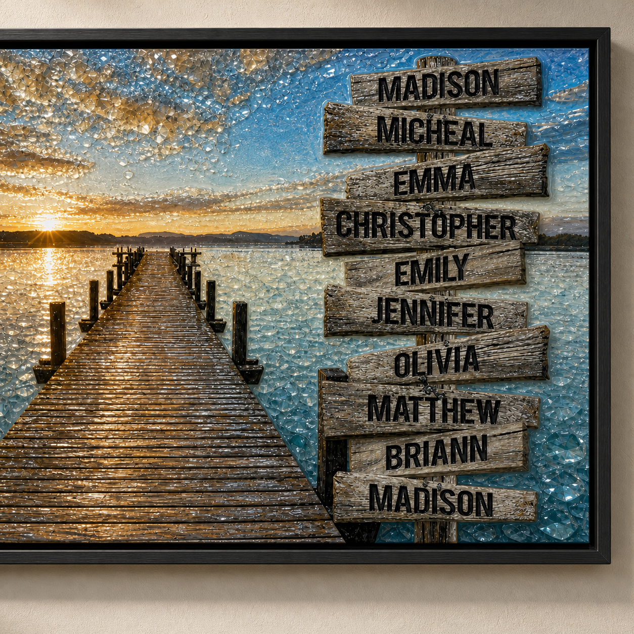 Close view of the family signpost and golden lakeside sunset.