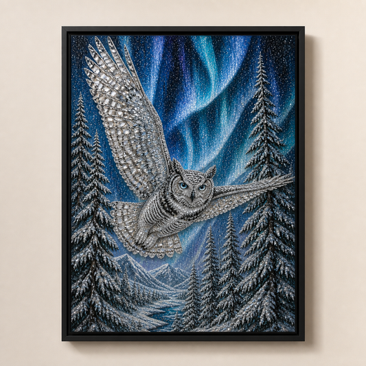 Front view of Under Northern Skies with a silver snowy owl, blue aurora, snow-covered firs, and glacial valley.