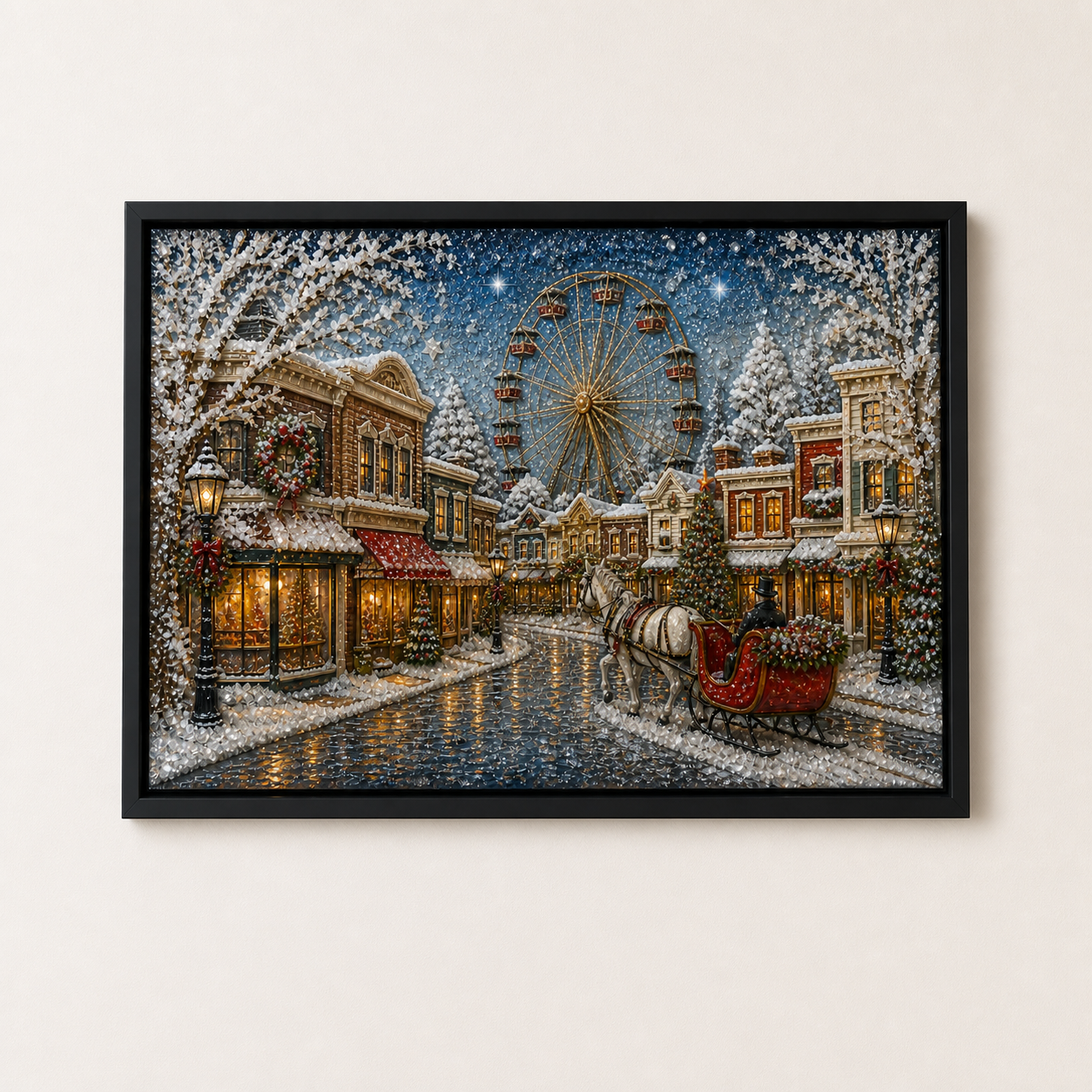 Front view of A Night of Winter Lights, a snowy town with a Ferris wheel and horse-drawn sleigh.