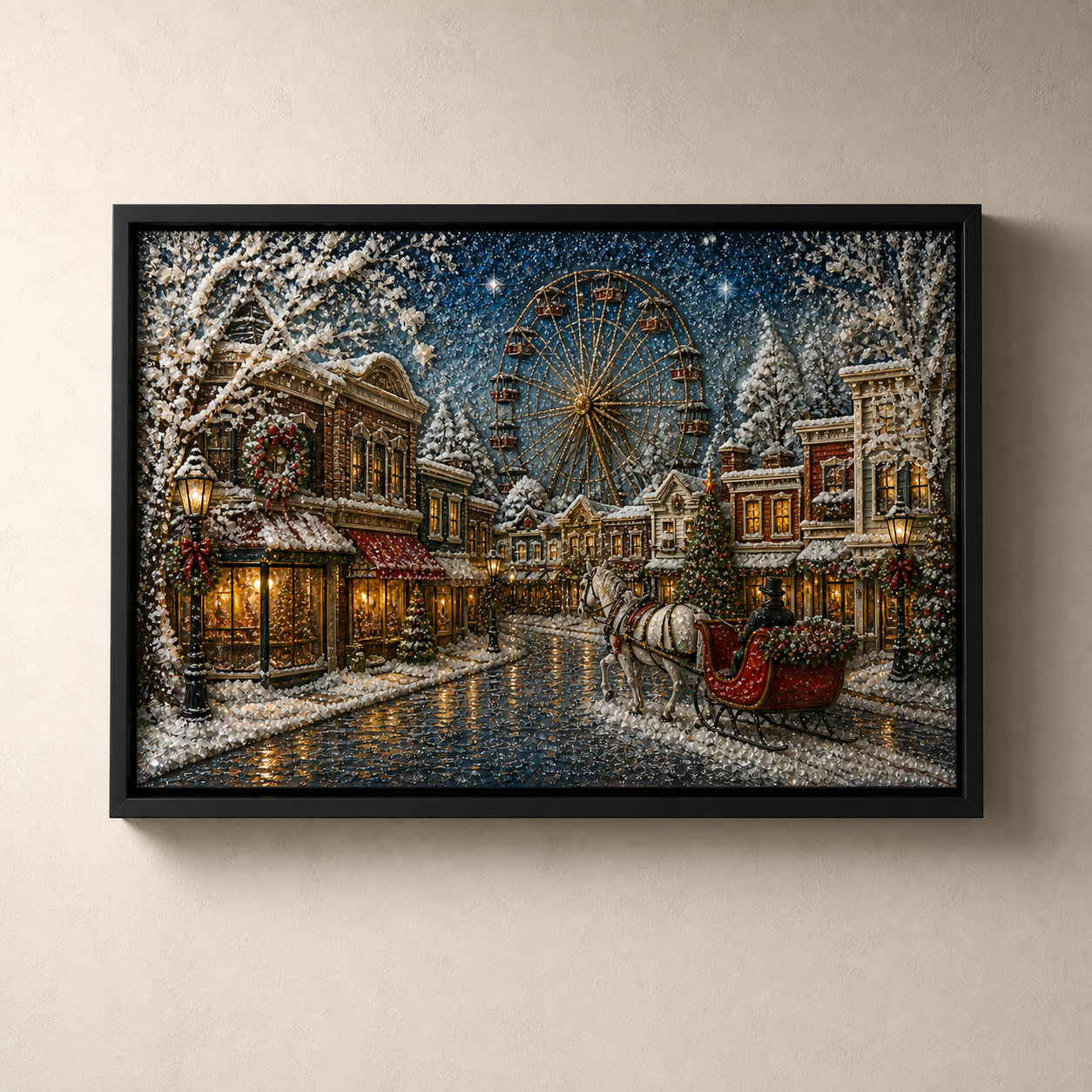 Side-lit view showing depth across the snowy buildings, Ferris wheel, and reflective street.