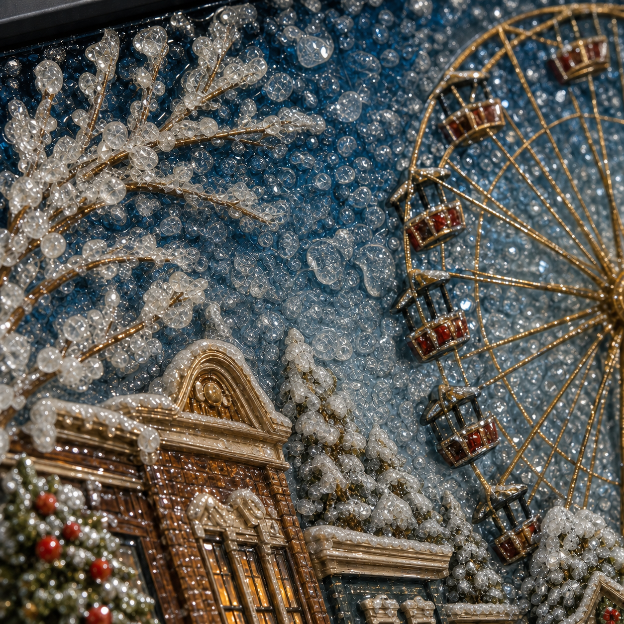 Close-up of snowy branches, warm buildings, Ferris wheel, and light-catching raised details.