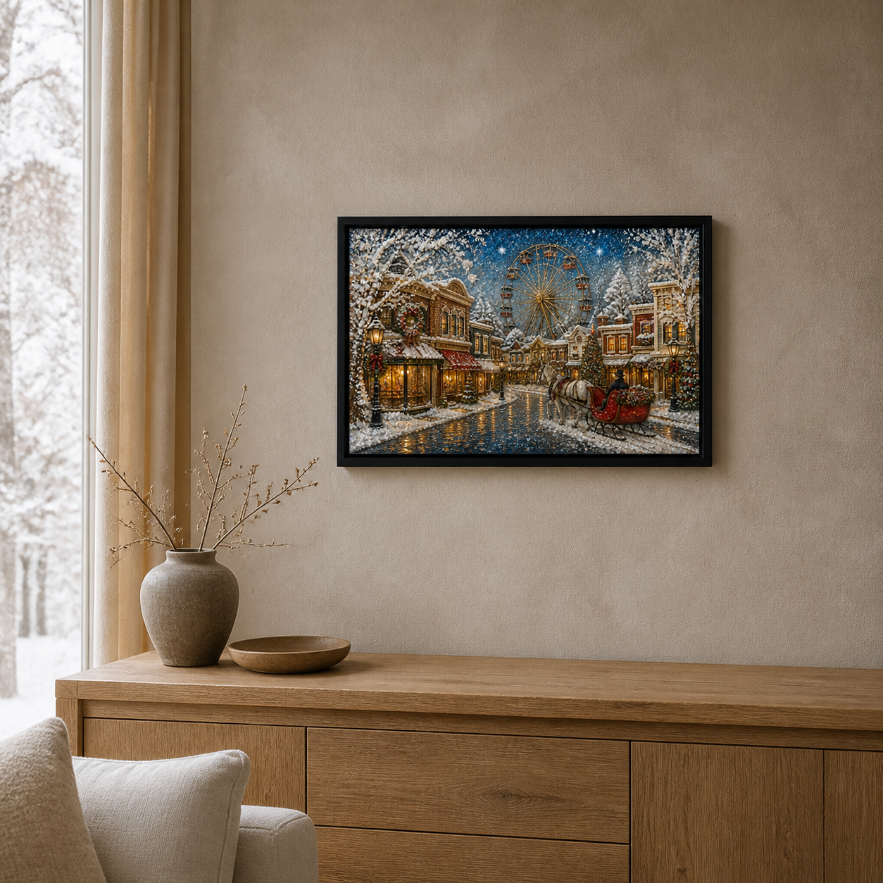 A Night of Winter Lights displayed above a wood console in a bright winter living room.