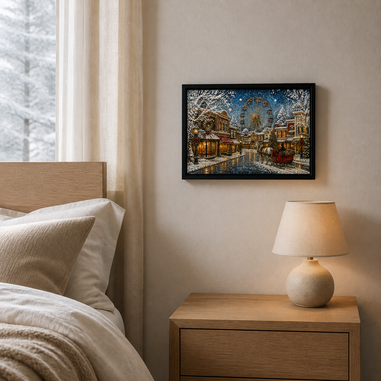 A Night of Winter Lights displayed beside a bedside lamp in a warm neutral bedroom.