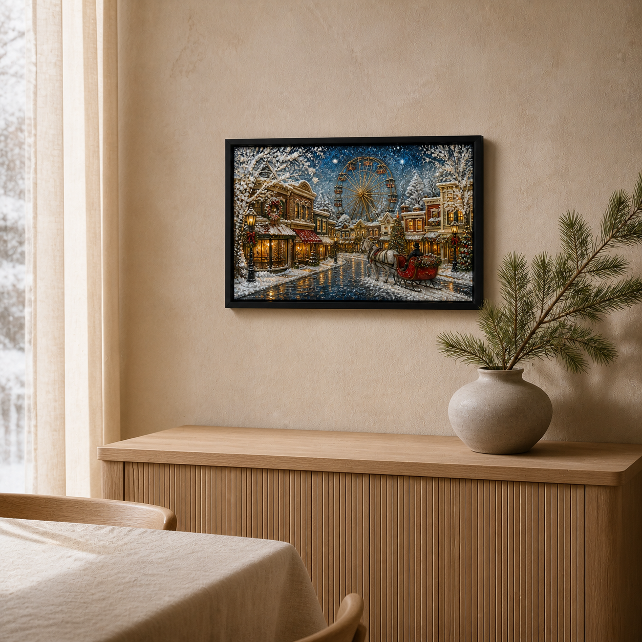 A Night of Winter Lights displayed above a wood sideboard in a softly lit holiday dining room.
