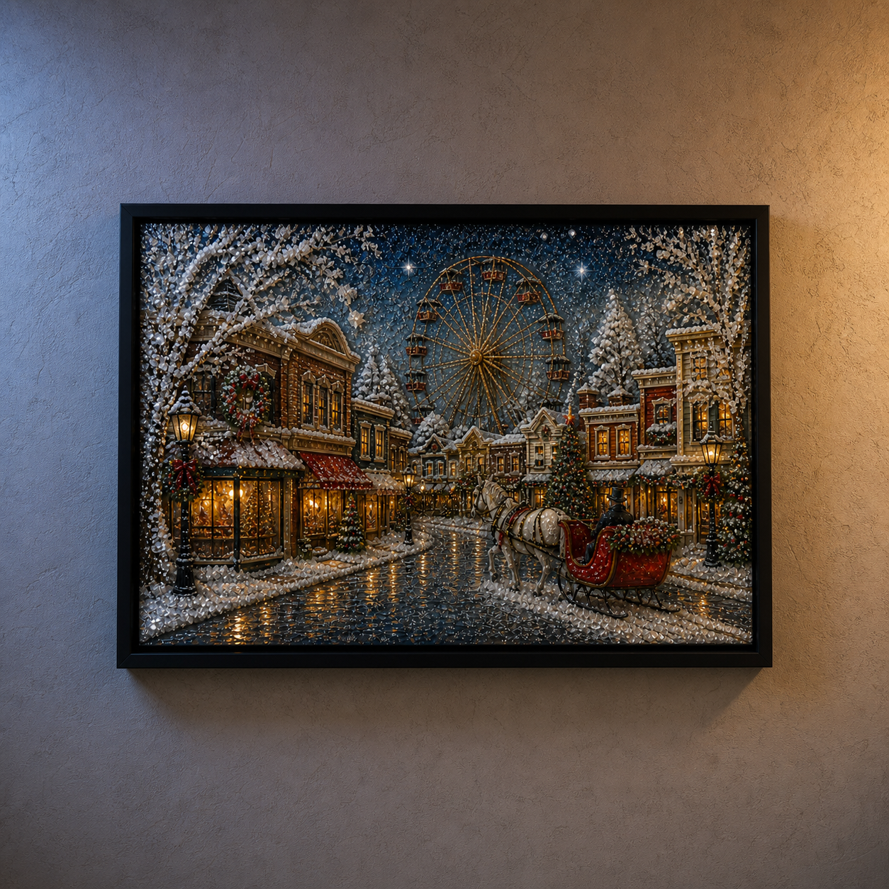 Close view of A Night of Winter Lights under cool blue and warm amber lighting.