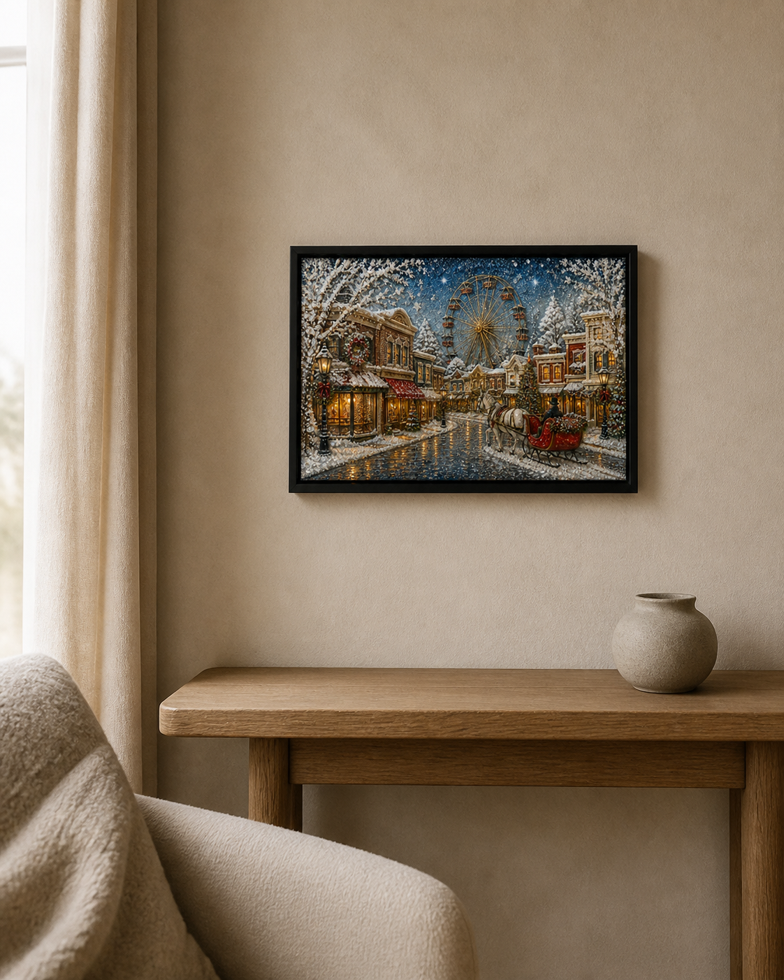 A Night of Winter Lights displayed above a wood console in a soft neutral room.