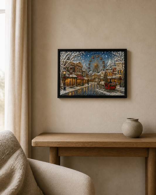 A Night of Winter Lights displayed above a wood console in a soft neutral room.