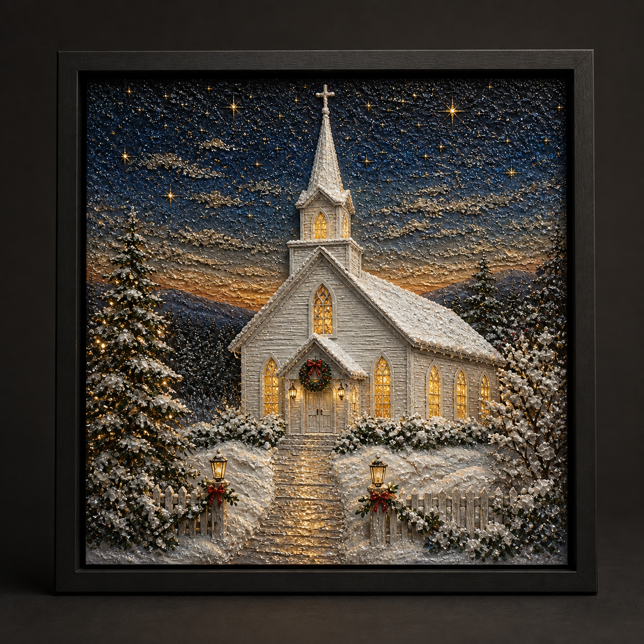Raking-light view of A Quiet Light showing depth across the church, snow, and sky.
