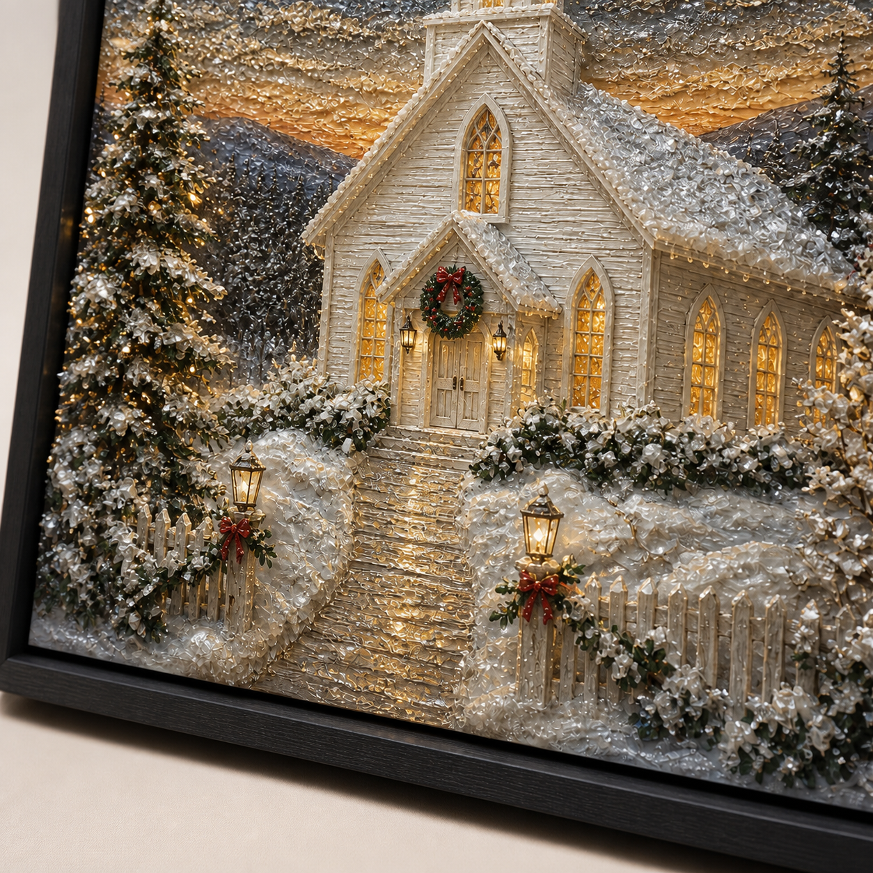 Close-up of the church, golden windows, snowy path, and light-catching raised details.