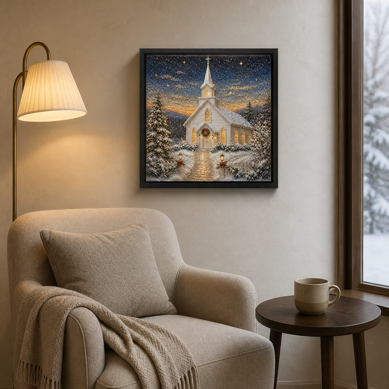 A Quiet Light hanging in a softly lit winter living room.