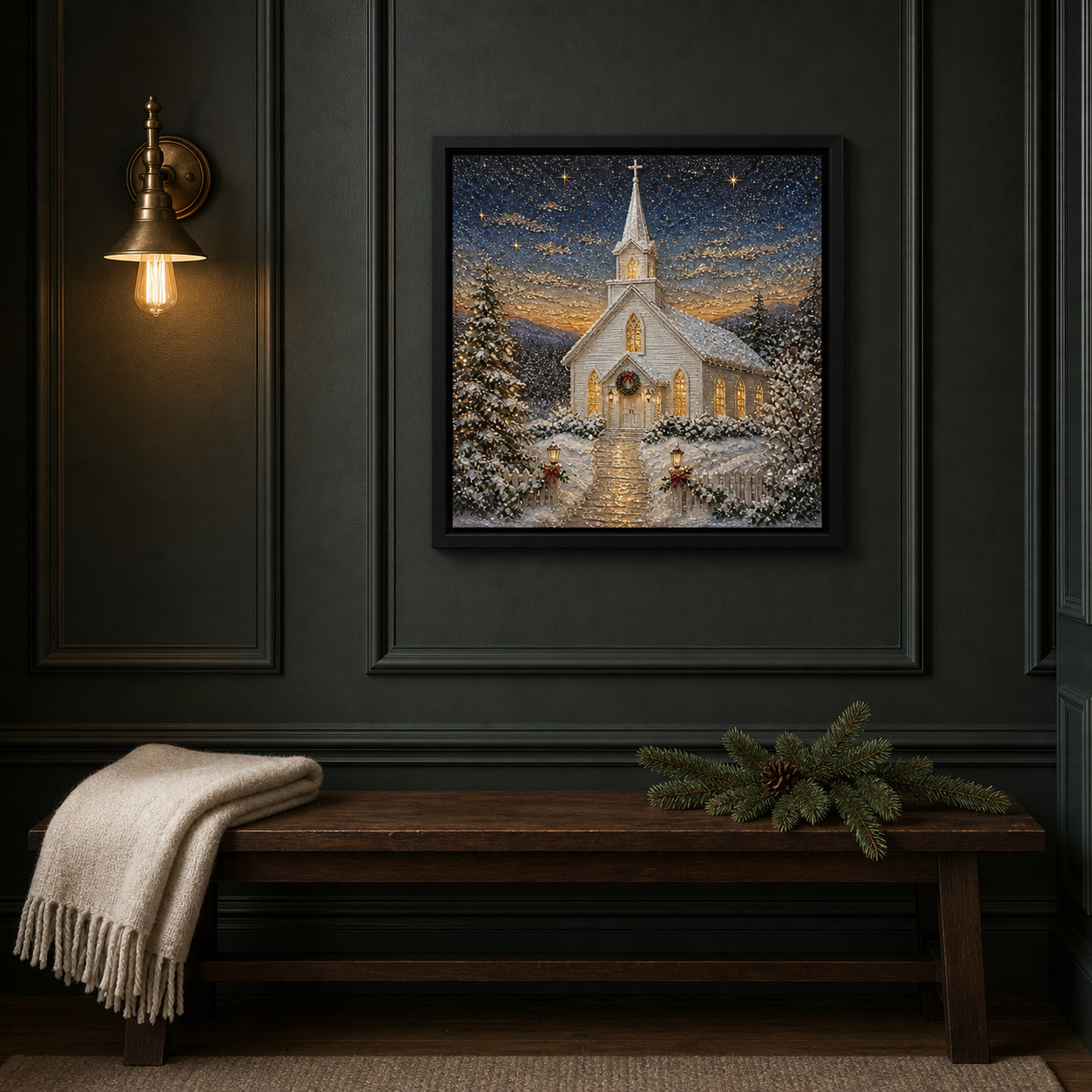 A Quiet Light displayed against a deep green entryway wall.