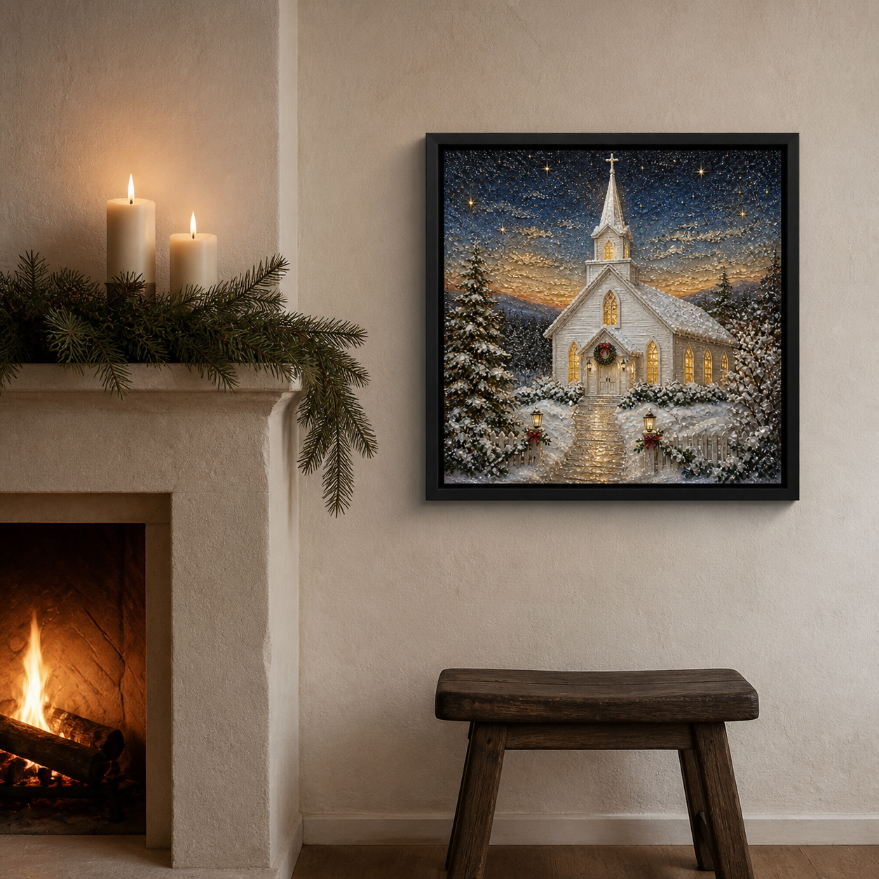 A Quiet Light hanging beside candles above a winter fireplace.