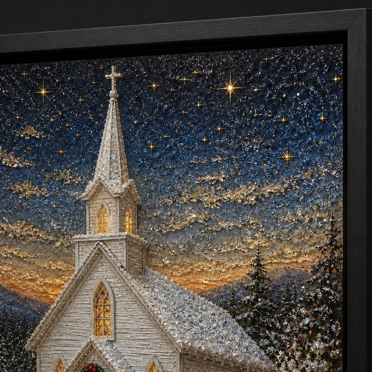 Side-lit close-up of the church steeple and star-filled winter sky.