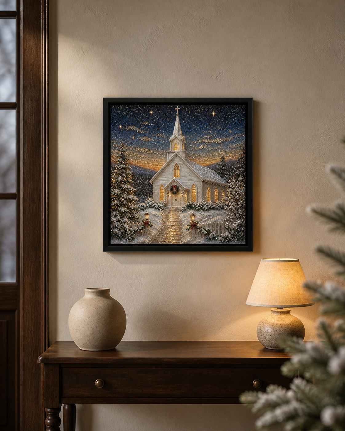 A Quiet Light displayed above a dark wood console in a softly lit winter interior.