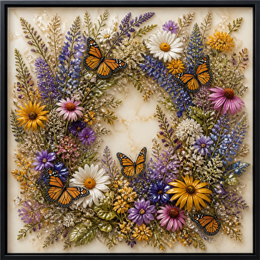 Front view of A Season in Bloom, a monarch butterfly and wildflower wreath artwork.