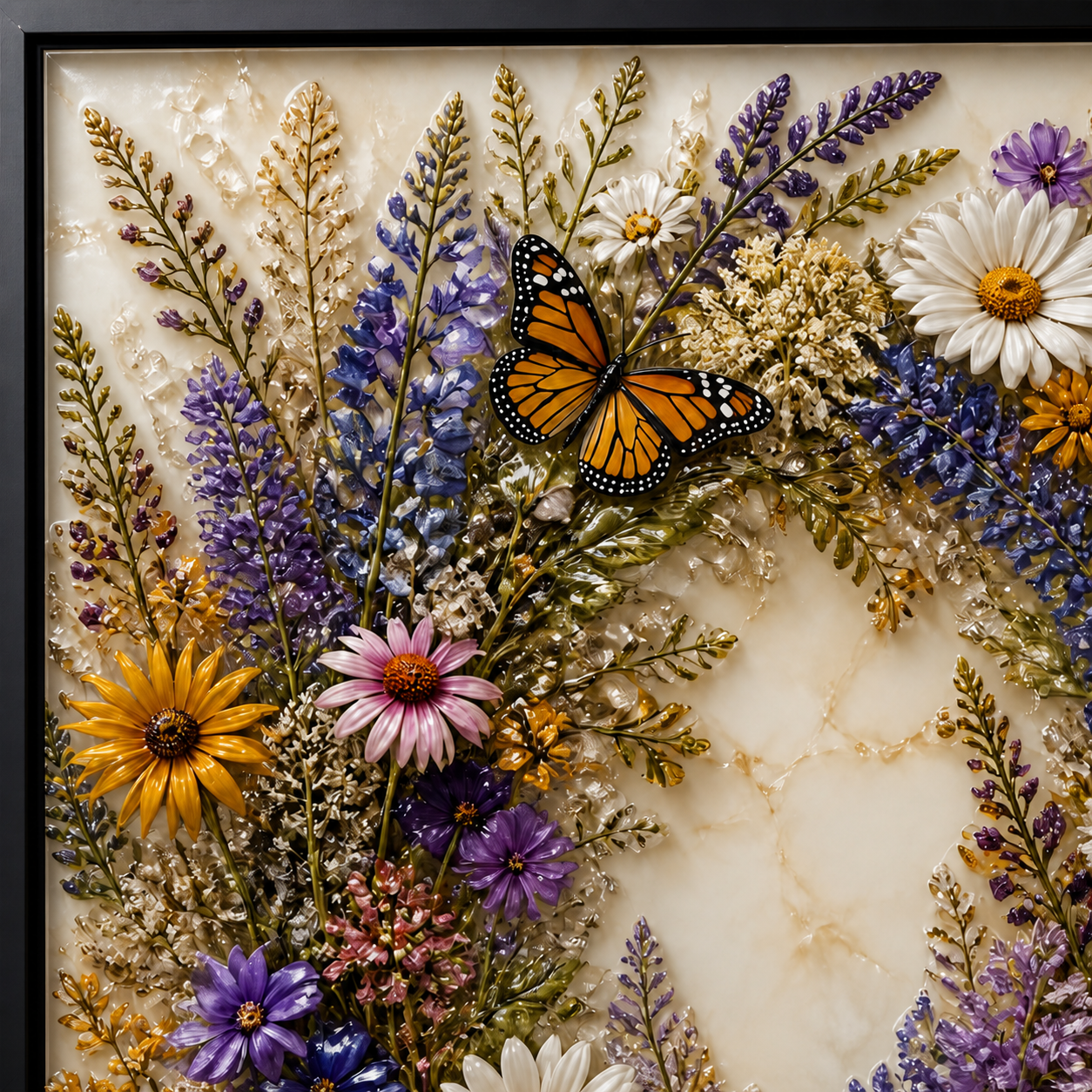Close-up of monarch butterflies, petals, leaves, and light-catching raised details.