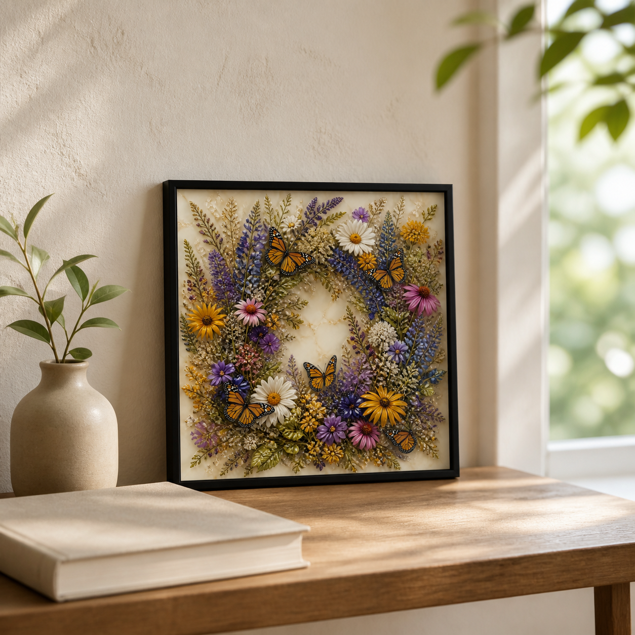 A Season in Bloom displayed on a light wood table beside books and a ceramic vase.
