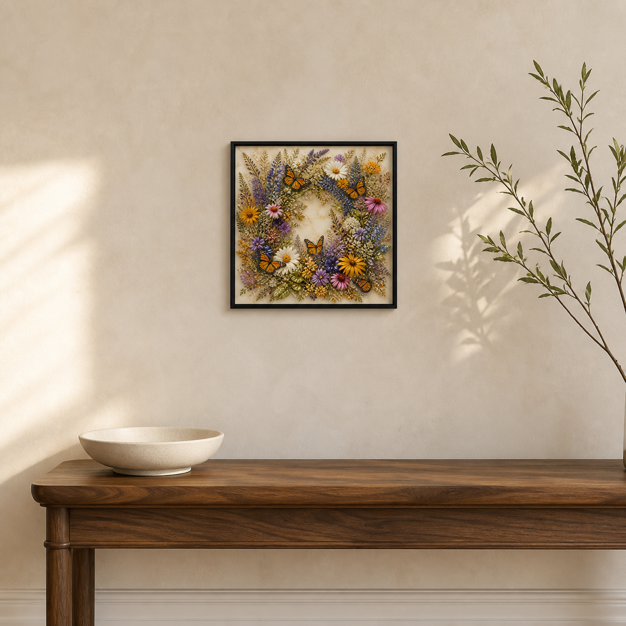 A Season in Bloom hanging as a small botanical artwork above a wood console.