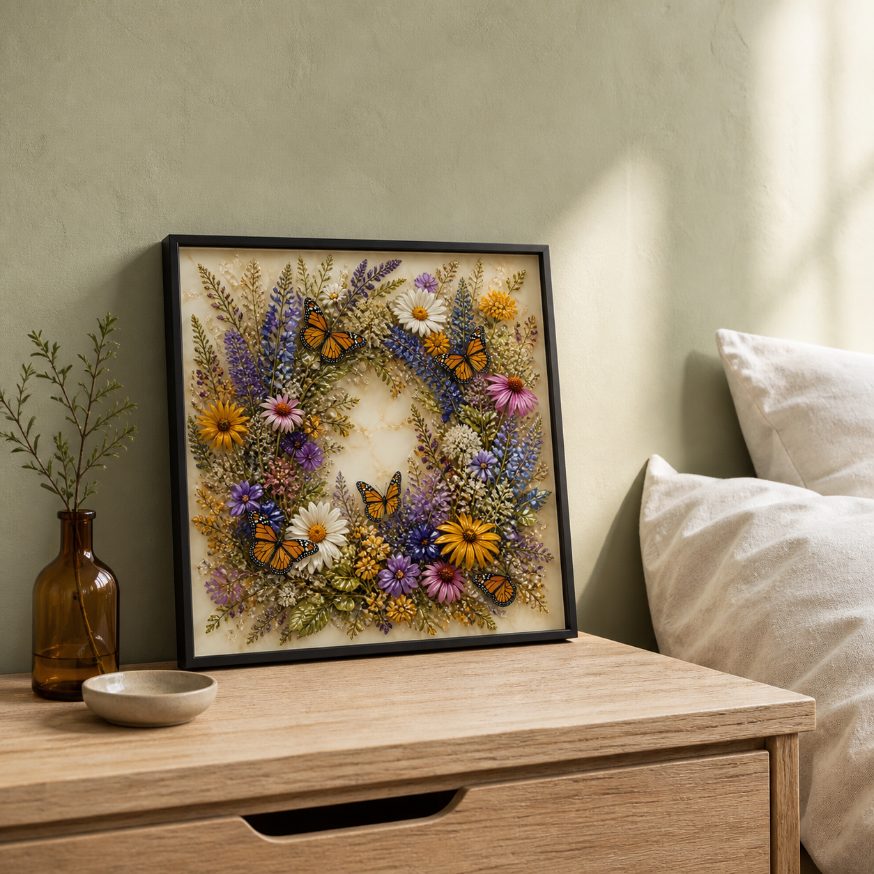 A Season in Bloom displayed on a bedside dresser in a soft neutral bedroom.
