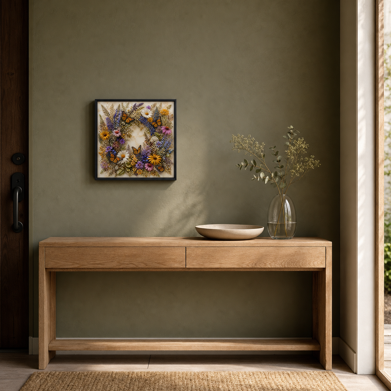 A Season in Bloom hanging above an entryway console against a sage wall.