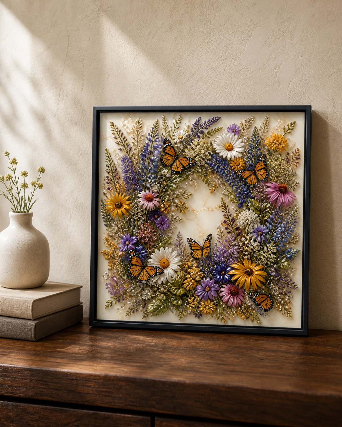 A Season in Bloom displayed on a wood console beside books and a ceramic vase.