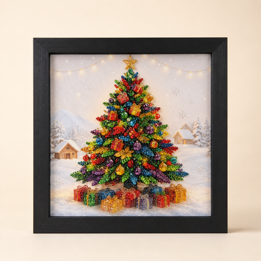 Front view of All Is Bright, a colorful Christmas tree artwork in a black wood frame.