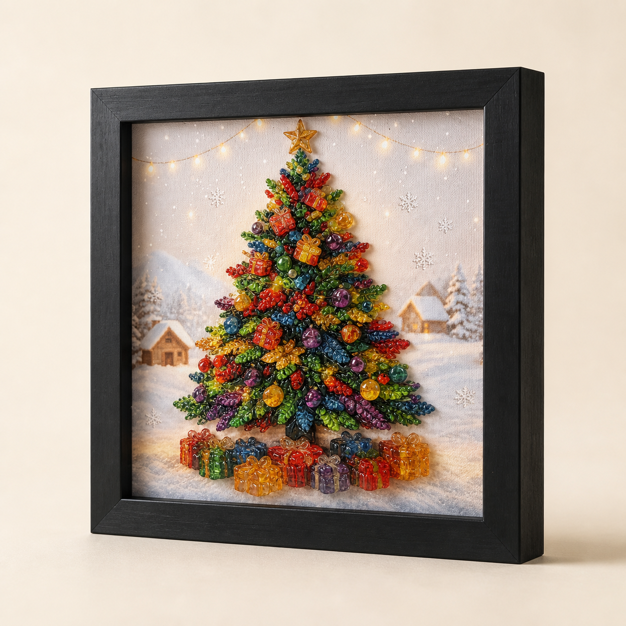 45-degree view of All Is Bright showing the frame and dimensional holiday details.