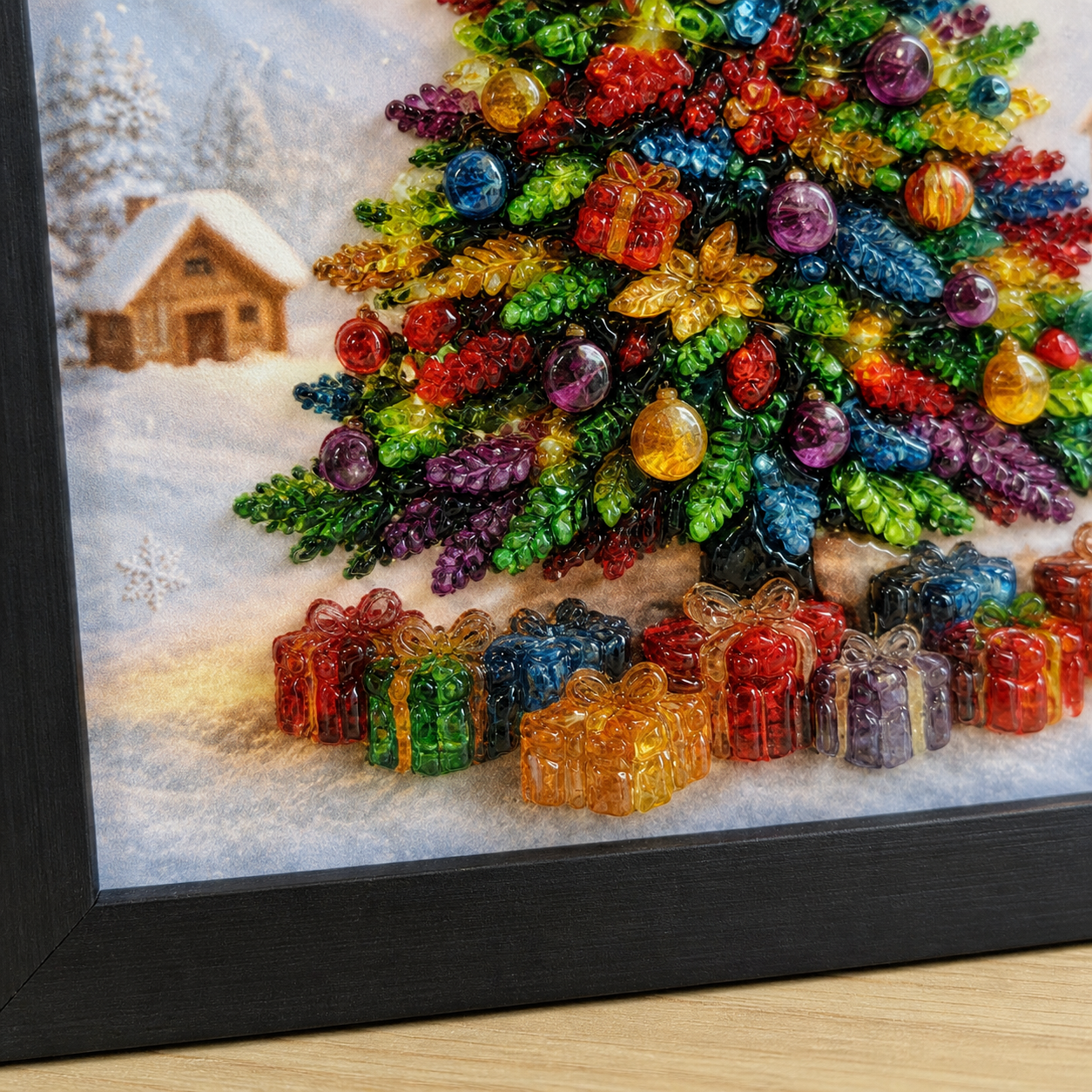 Close-up of colorful ornaments, gifts, and light-catching raised accents on All Is Bright.