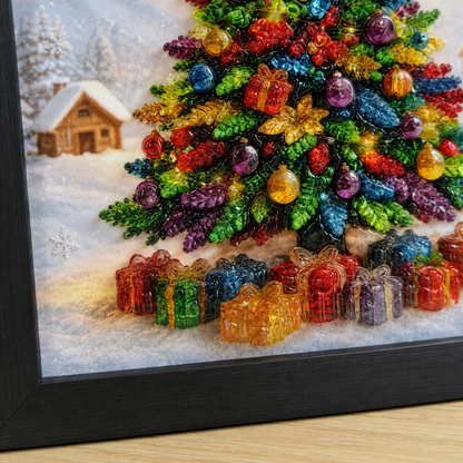 Close-up of colorful ornaments, gifts, and light-catching raised accents on All Is Bright.