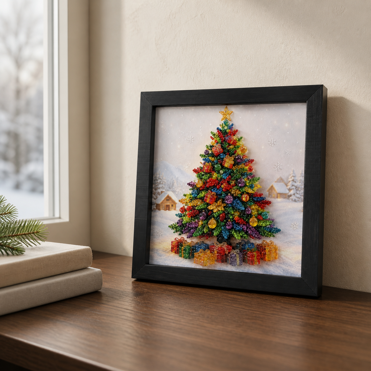 All Is Bright displayed as a compact tabletop artwork beside a winter window.