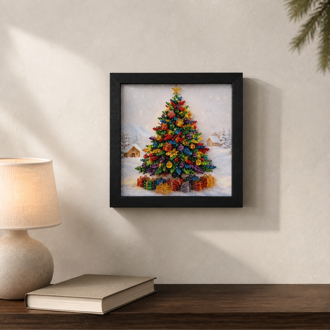All Is Bright hanging as a small Christmas artwork above books and a lamp.