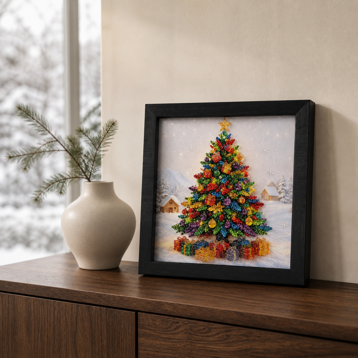 All Is Bright displayed on a holiday sideboard in a snowy interior.