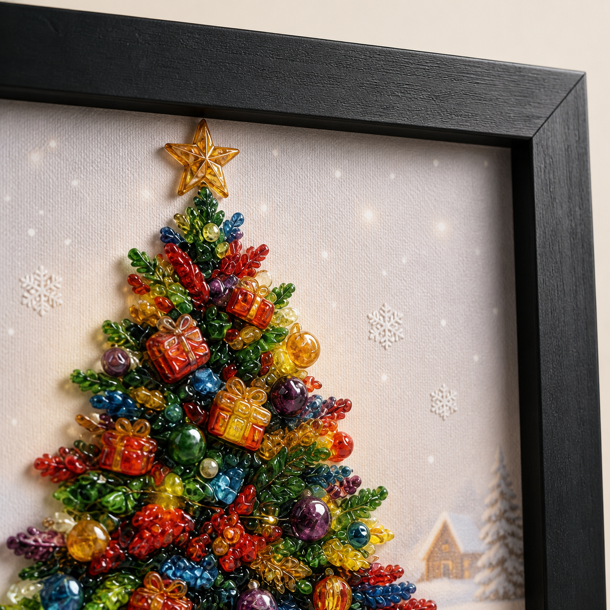 Side-lit close-up of the star and colorful branches in All Is Bright.