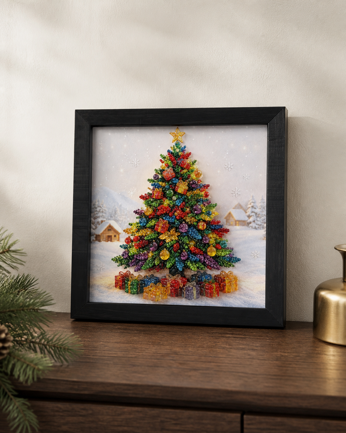 All Is Bright displayed as a colorful Christmas tree artwork in a warm winter interior.