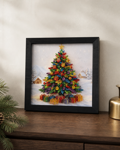 All Is Bright displayed as a colorful Christmas tree artwork in a warm winter interior.