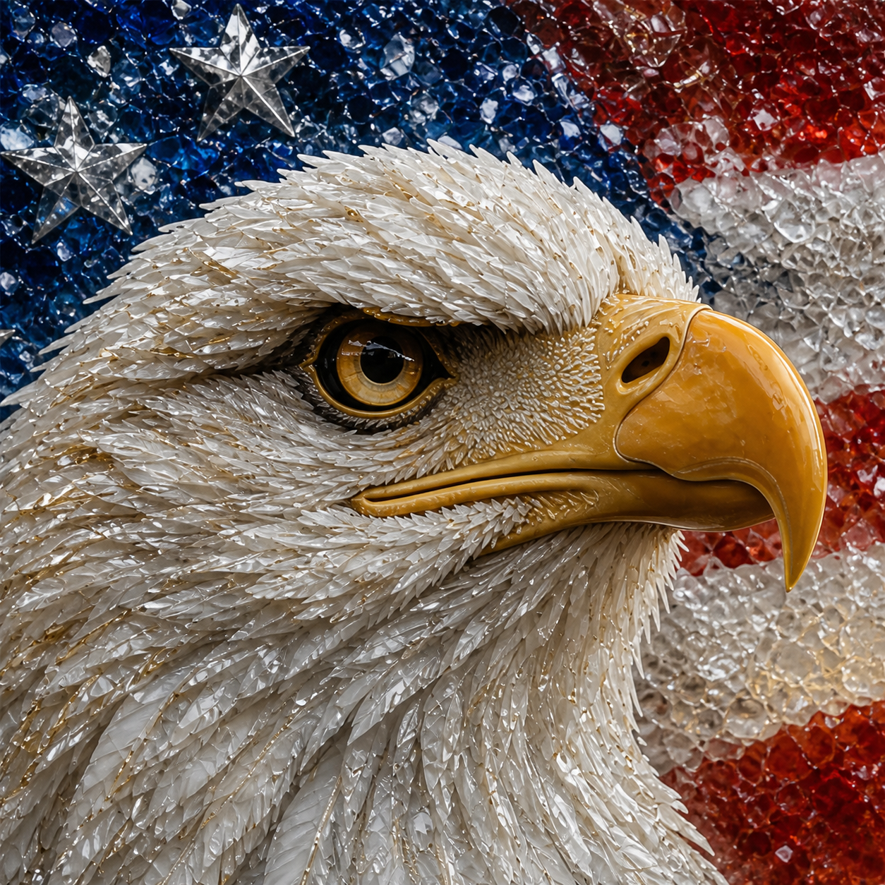 Close-up of the bald eagle's eye, beak, and light-catching feather details.