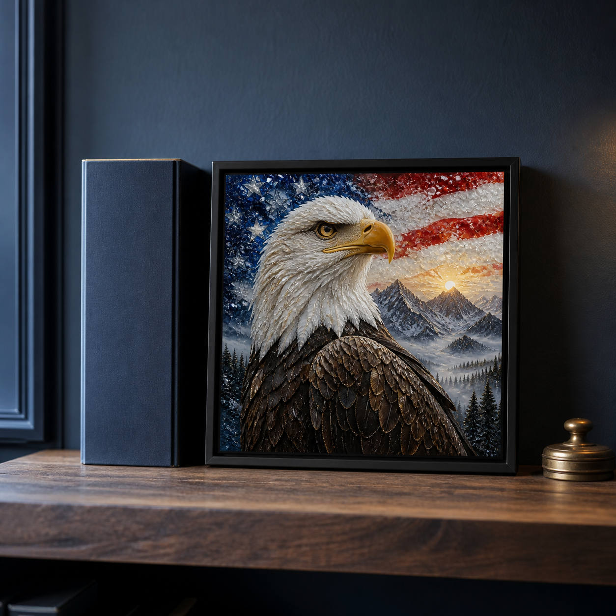 Freedom at Dawn displayed on a dark wood console in warm natural light.
