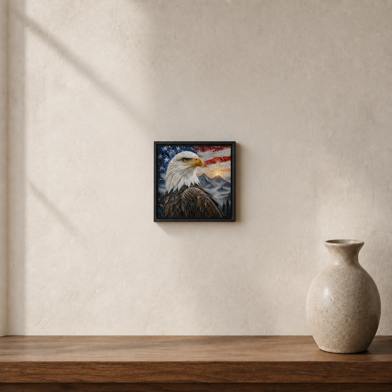 Freedom at Dawn hanging as a small artwork above a wood console.