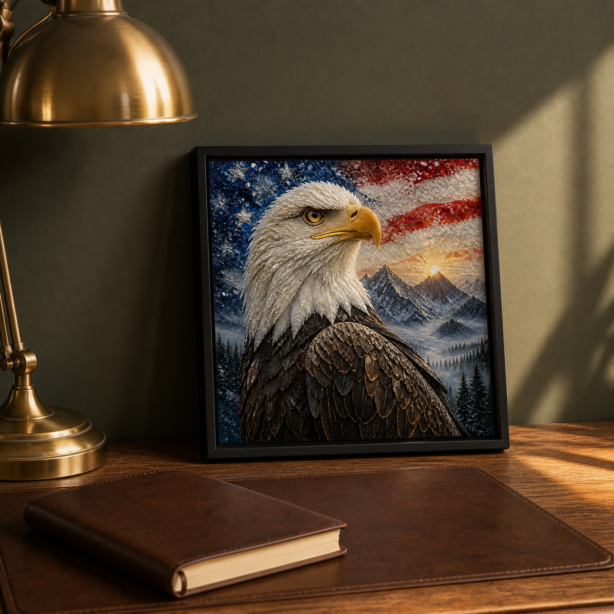 Freedom at Dawn displayed on a desk in a dark American-style study.