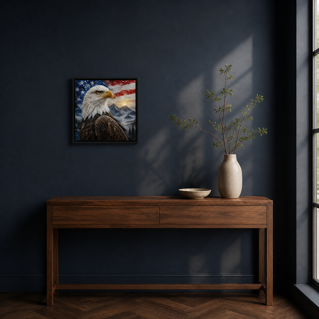 Freedom at Dawn hanging above an entryway console against a navy wall.