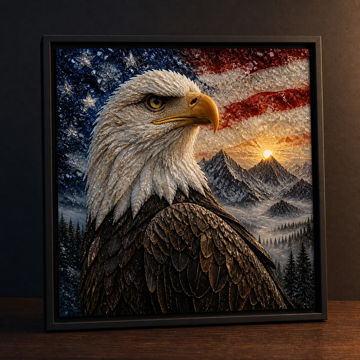 Side-lit close-up of Freedom at Dawn showing the eagle and mountain sunrise.